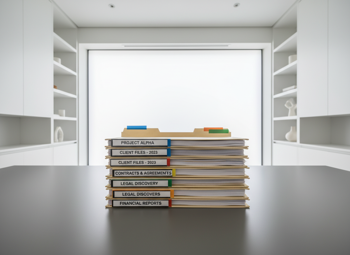 A stack of meticulously organized manila folders filled with official documents, resting on a sleek matte grey desk. The folders are labeled with clear, bold text and feature subtle color-coded tabs. The desk is set in a pristine office with sharp, clean lines and minimal decor, evoking professionalism and order. Soft, diffused daylight from a large frosted window casts even illumination across the workspace, creating gentle shadows and understated highlights on the folders and surface. The composition is centered with a slight top-down perspective, emphasizing structure and clarity. The photographic style is crisp and realistic, with a balanced, neutral palette to convey reliability and trustworthiness, perfectly suited for a legal or business-focused site.